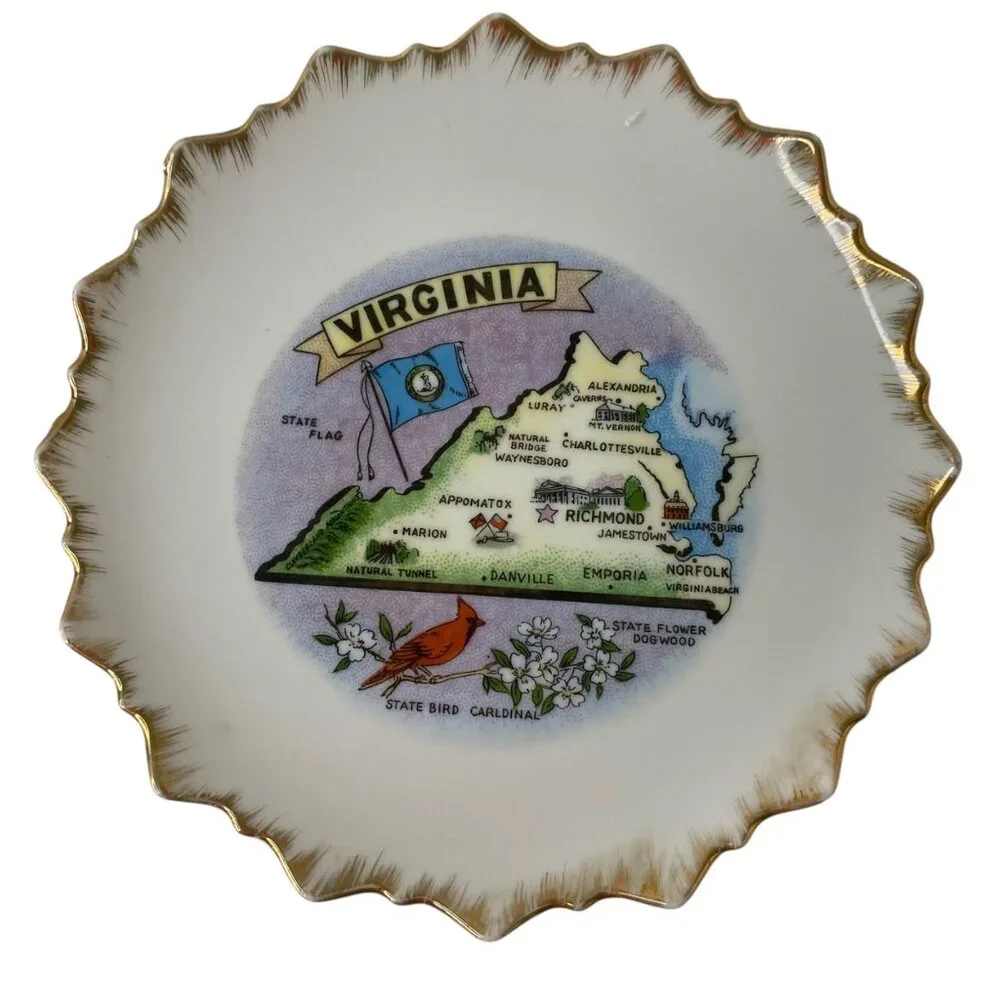 Vintage Virginia‎ Souvenir Plate Gold Trim State Map Scalloped Edges Wall Art